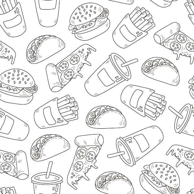 Doodle fastfood naadloze patroon cartoon stijl