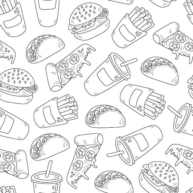 Doodle fastfood naadloze patroon cartoon stijl