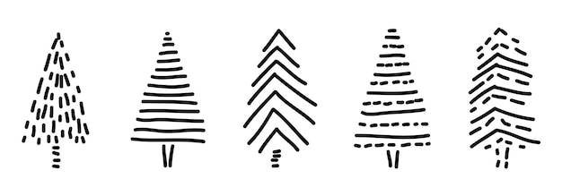 Doodle fir tree set Hand drawn various Christmas trees isolated on a white background Vector