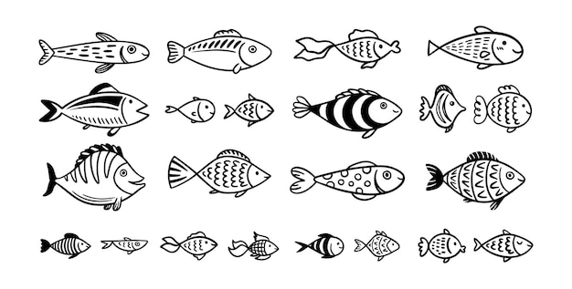 doodle fish icon set hand drawn fish sketch collection underwater world sea life ocean vector