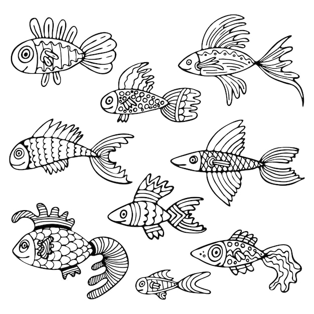 Vettore set di pesci doodle illustrazione grafica disegnata a mano
