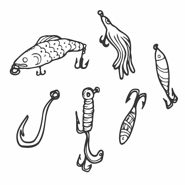 Premium Vector  Doodle fishing lure abstract contemporary fishery baits of  different sizes and shapes for angler c