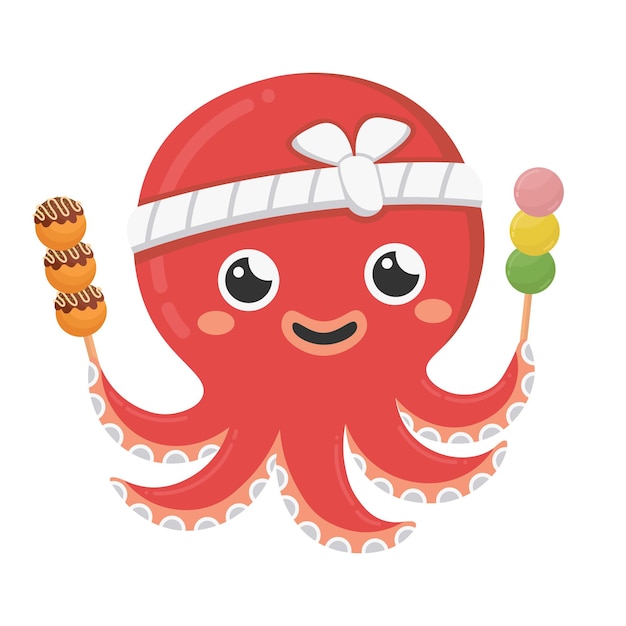 Doodle flat clipart. Asian octopus chef with takoyaki and dango. All objects are repainted.
