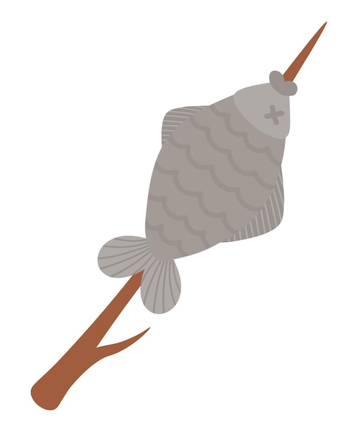 Doodle flat clipart Camping lunch fish on a twig for frying over a fire All objects are repainted