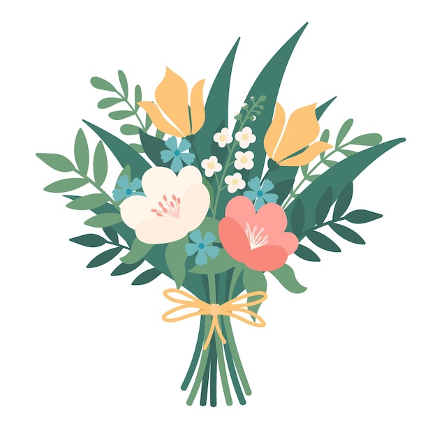 Vector doodle flat clipart cute bouquet of wild flowers tied with a ribbon all colors are easy to change