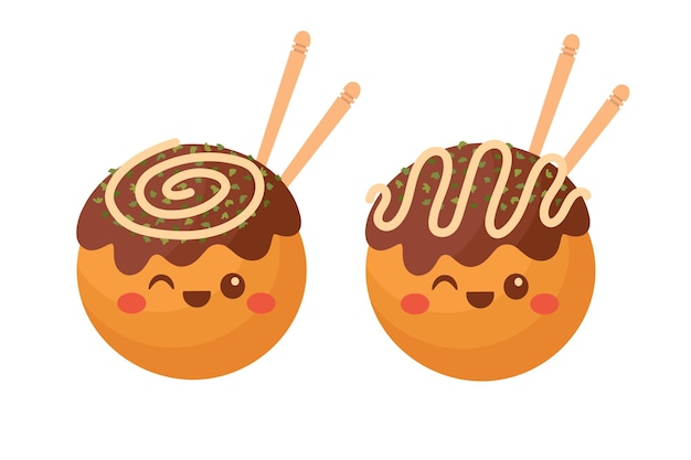 Doodle flat clipart. Cute takoyaki, Asian street food. All objects are repainted.