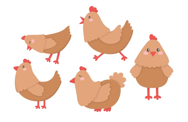 Doodle flat clipart set of cute domestic chicken cockerel