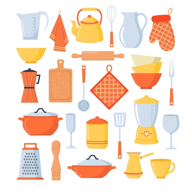 Doodle flat clipart Set keukengereedschap voor het koken