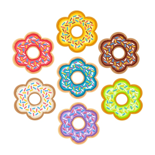 Doodle flat clipart. A small set of bright donuts in the shape of a flower. To create charming uniqu