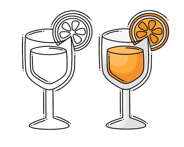 Doodle flat line clipart. Simple vector glass with a drink. All objects are repainted.