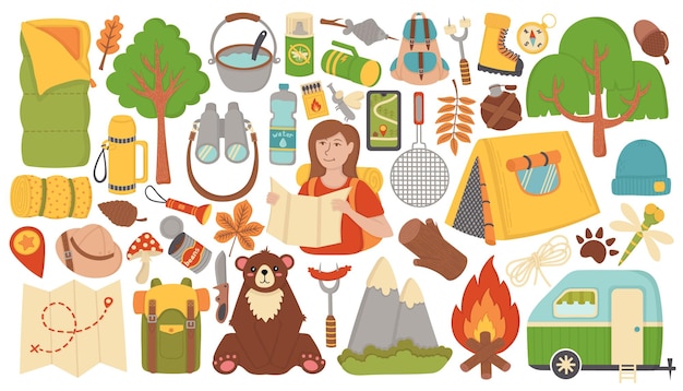 Doodle flat vector clipart A set of thematic illustrations on the theme of camping outdoor recreat
