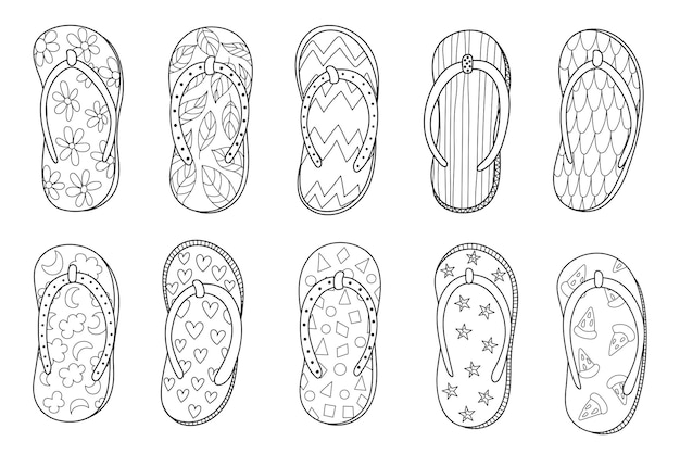 Vector doodle flip flops set in black and white for coloring page summer slippers outline collection