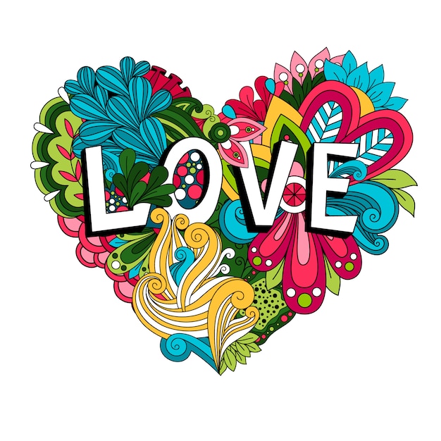 Каракули цветочное сердце с любовной надписью на день святого валентина