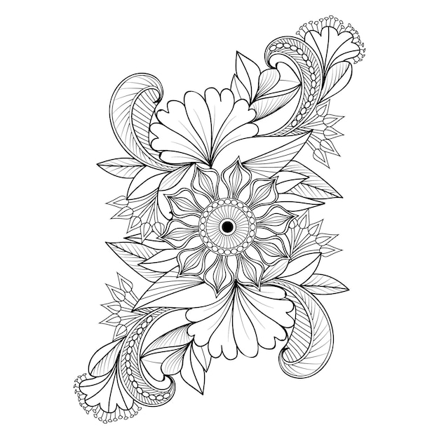 Vector doodle floral zentangle drawing pencil sketch isolated on white background coloring book and page