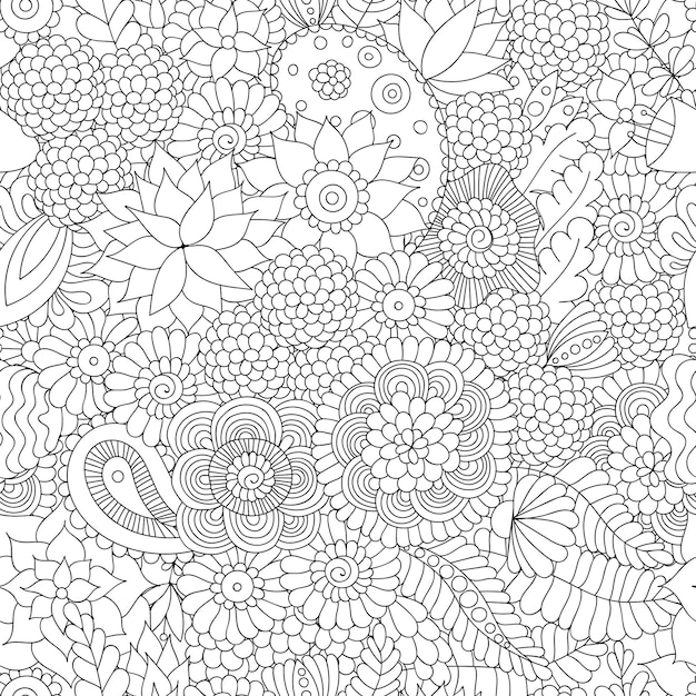 Doodle flower pattern black and white design of textile fabric wrapping paper coloring book