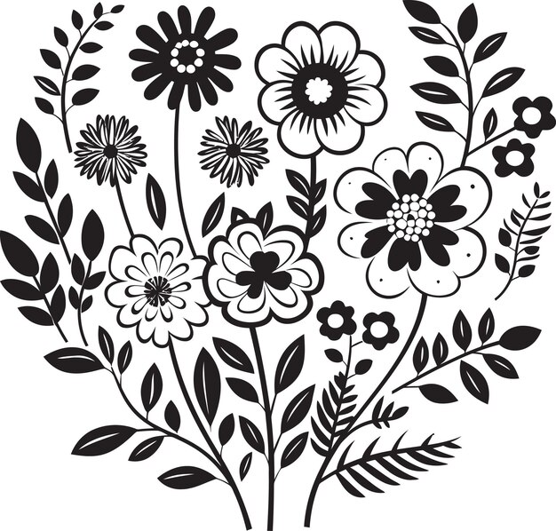 Doodle flower whirl icona monocromatica giocoso doodle fiorisce emblema vettoriale nero