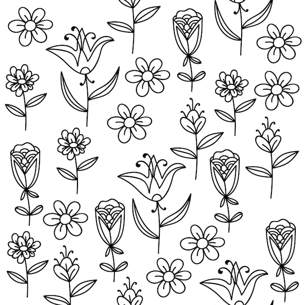 Doodle flowers abstract seamless pattern. Hand drawn background.