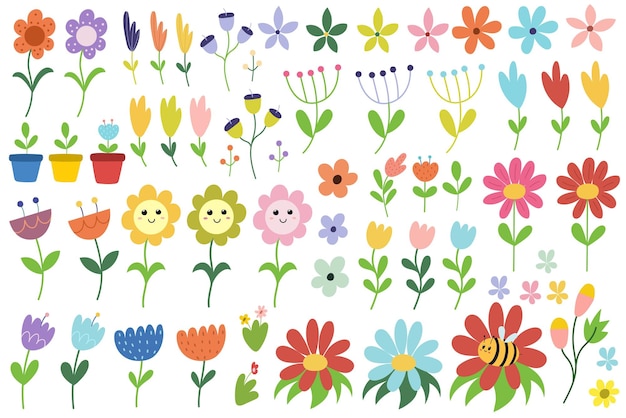 Doodle fiori grande collezione in stile cartone animato. fascio di piante e fiori con foglie