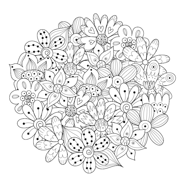 落書き花の円の形のぬりえページ塗り絵用の手描きの花曼荼羅