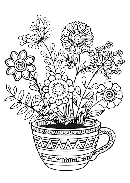 Vector doodle flowers in cup. detailed black and white doodle coloring pagefor adults