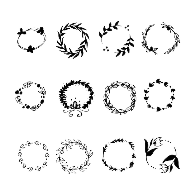 Doodle Flowers and leaves wreath set Vector illustration