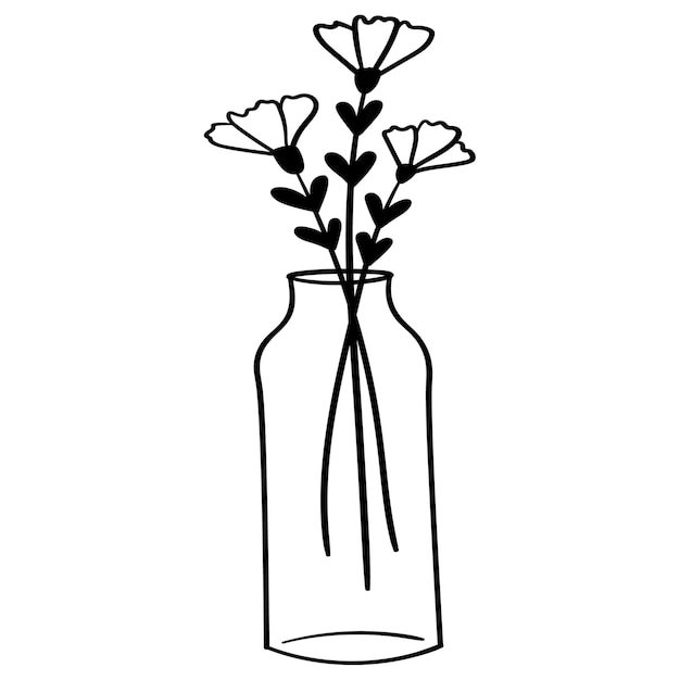 Vector doodle flowers in a vase of an unusual shape, indoor plants