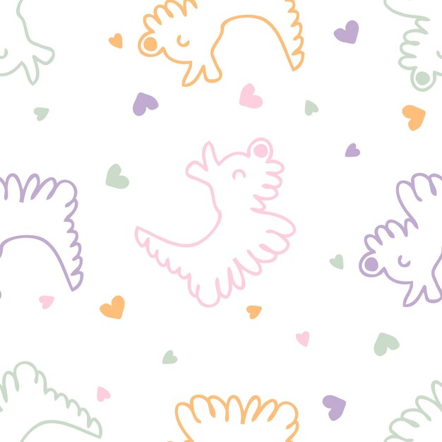 Vector doodle fluffy dogs with hearts seamless pattern love for pets concept