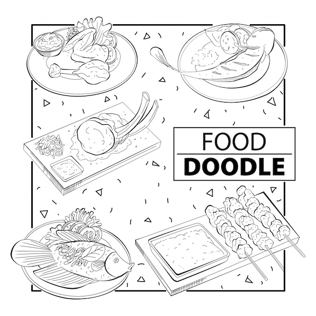 Vettore doodle food set. bianco e nero. a mano libera