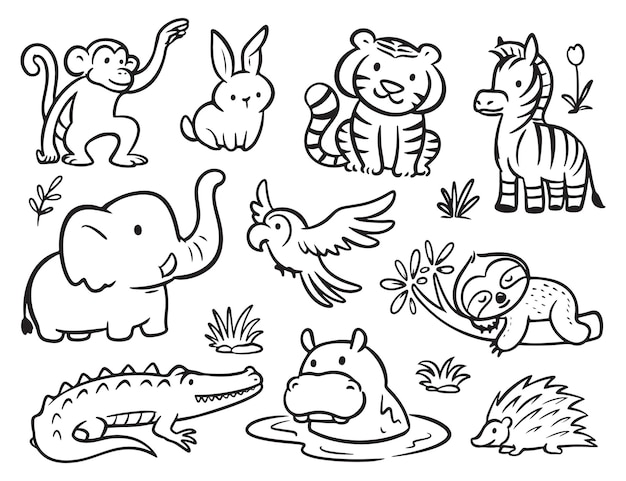 Vettore animali della foresta doodle che colorano gli animali