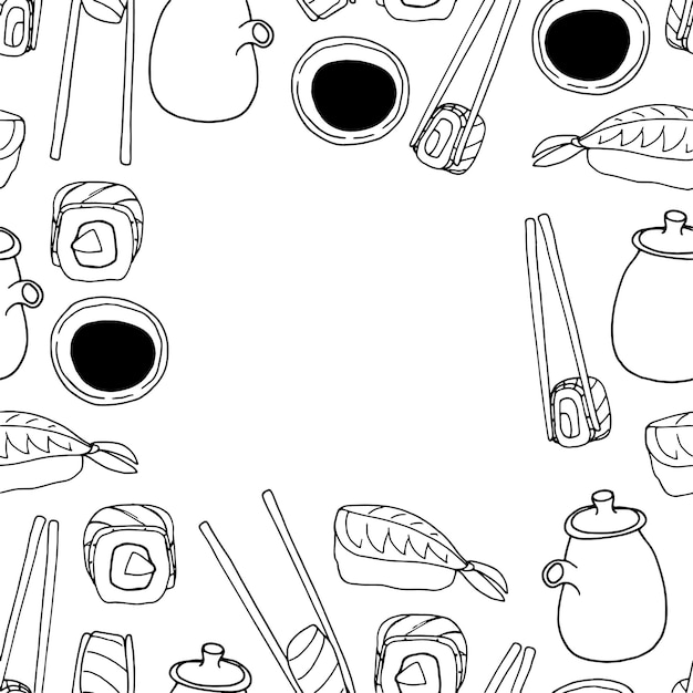 Doodle frame sushi aesthetic outline for textile, napkins, decor, invitations asian food market