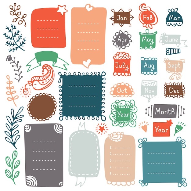 Vector doodle frames en elementen voor bullet journal, notebook, dagboek of planner