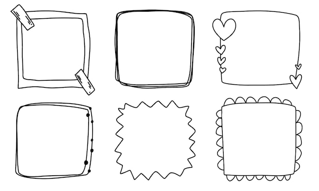 Doodle frames set hand drawn line collection square with hearts for wedding isolated