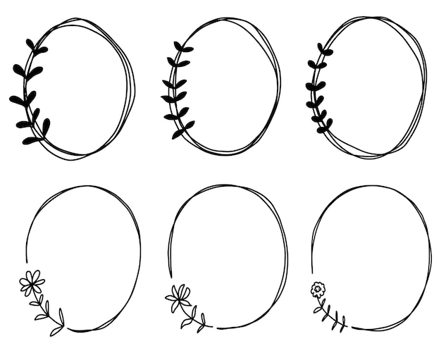 Vector doodle frames set hand drawn round lines with flowers leaves for valentine's day wedding