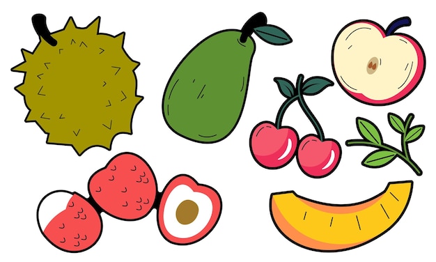 Vector doodle fruit. natuurlijk tropisch fruit, biologisch fruit of vegetarisch eten. vector geïsoleerde pictogrammen