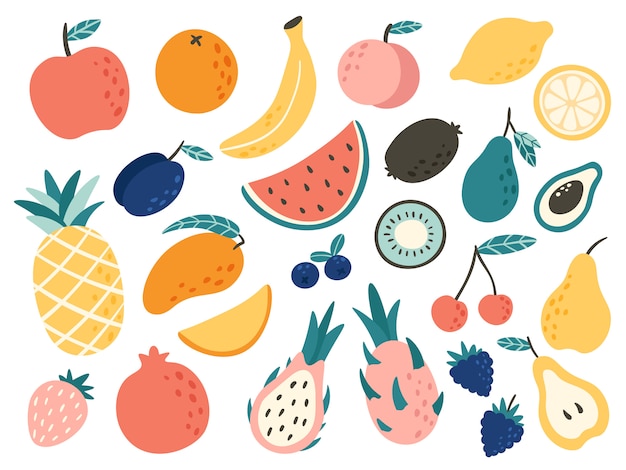 Doodle fruit. natuurlijk tropisch fruit, doodles citrus sinaasappel en vitamine citroen. vegan keuken appel hand getekende illustratie