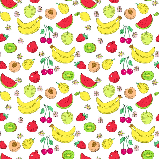 Doodle fruit seamless pattern. summer cartoon outline texture with colored fruts. watermelon, kiwi and cherry, banana
