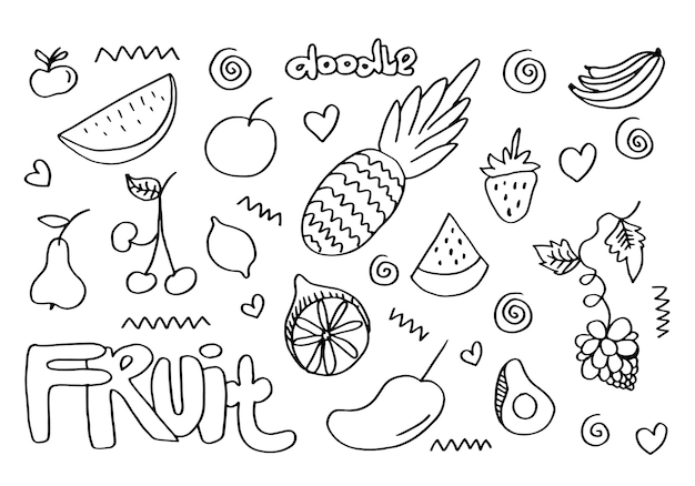 Doodle fruit set hand drawing of fruits in different styles