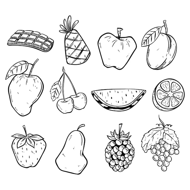 Doodle fruit set met zwart-witte kleur