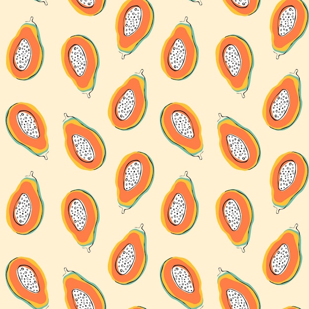 Doodle fruitpatroon. Willekeurig verspreide plakjes papaya naadloos patroon.