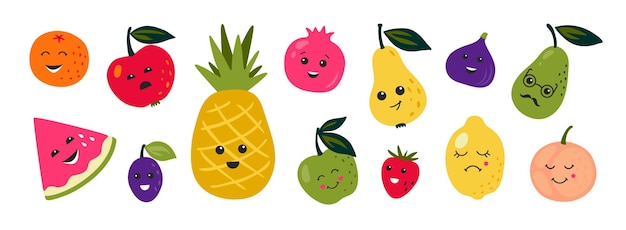 Doodle fruits. Cartoon funny characters of berries and citrus with happy faces, tropical food with cute kawaii emotions. Vector set doodles character cute summer fruit