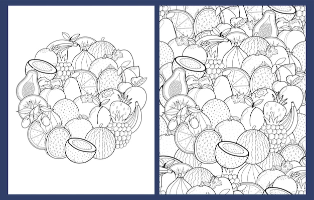 Vettore pagine da colorare di frutti doodle impostate in formato us letter sfondo di cibo sano in bianco e nero
