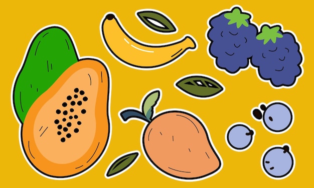 Каракули фрукты. натуральные тропические фрукты, органические фрукты или вегетарианская пища. векторные изолированные иконки