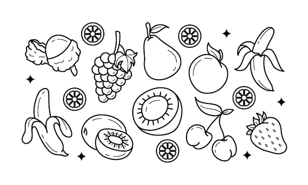 Каракули фрукты. натуральные тропические фрукты, органические фрукты или вегетарианская пища. векторные изолированные иконки