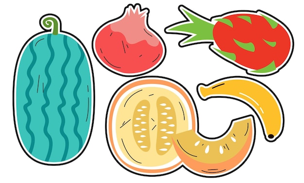 Doodle fruits. Natural tropical fruit, organic fruits or vegetarian food. Vector isolated icons