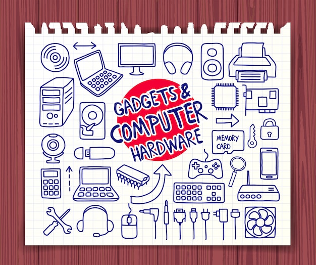 Doodle gadgets and computer hardware icons set
