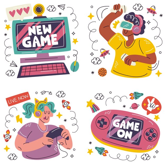 Vector doodle gamer stickers collection