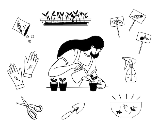 Doodle gardening black and white outline illustration set woman growing seedlings watering plants