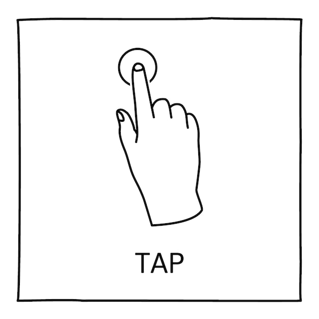 Doodle gebaar pictogram. Tik één keer. Touch screen hand vinger gebaren. Hand getekend. Geïsoleerd op wit. Vector illustratie.