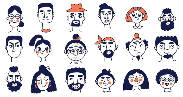 Vector doodle gezicht avatar in doodle stijl abstracte kunst vector illustratie verschillende menselijke gezichten mannen vrouwen
