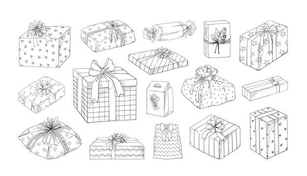 Doodle gift box Birthday or Christmas present cardboard packaging with decoration ribbon bow Hand drawn holiday surprise containers Xmas celebration Vector anniversary festive package sketches set